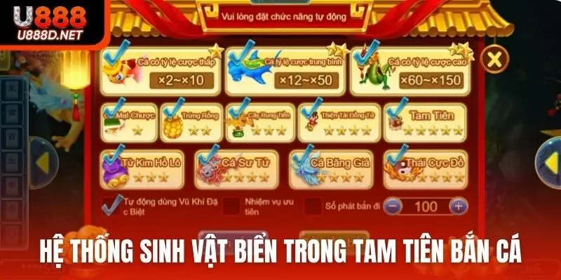 Hệ thống sinh vật biển trong Tam Tiên bắn cá trả thưởng cao