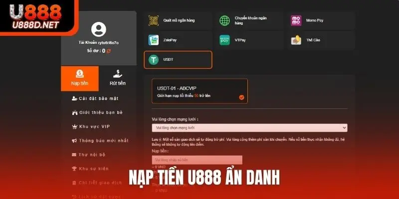 Nạp tiền U888 ẩn danh