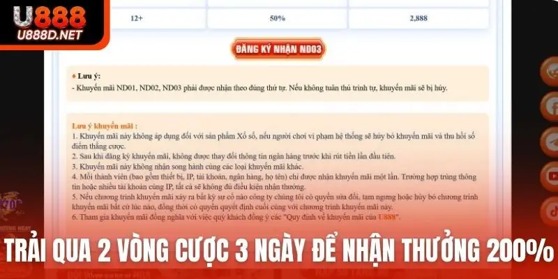 Trải qua 2 vòng cược trong 3 ngày để nhận thưởng 200%